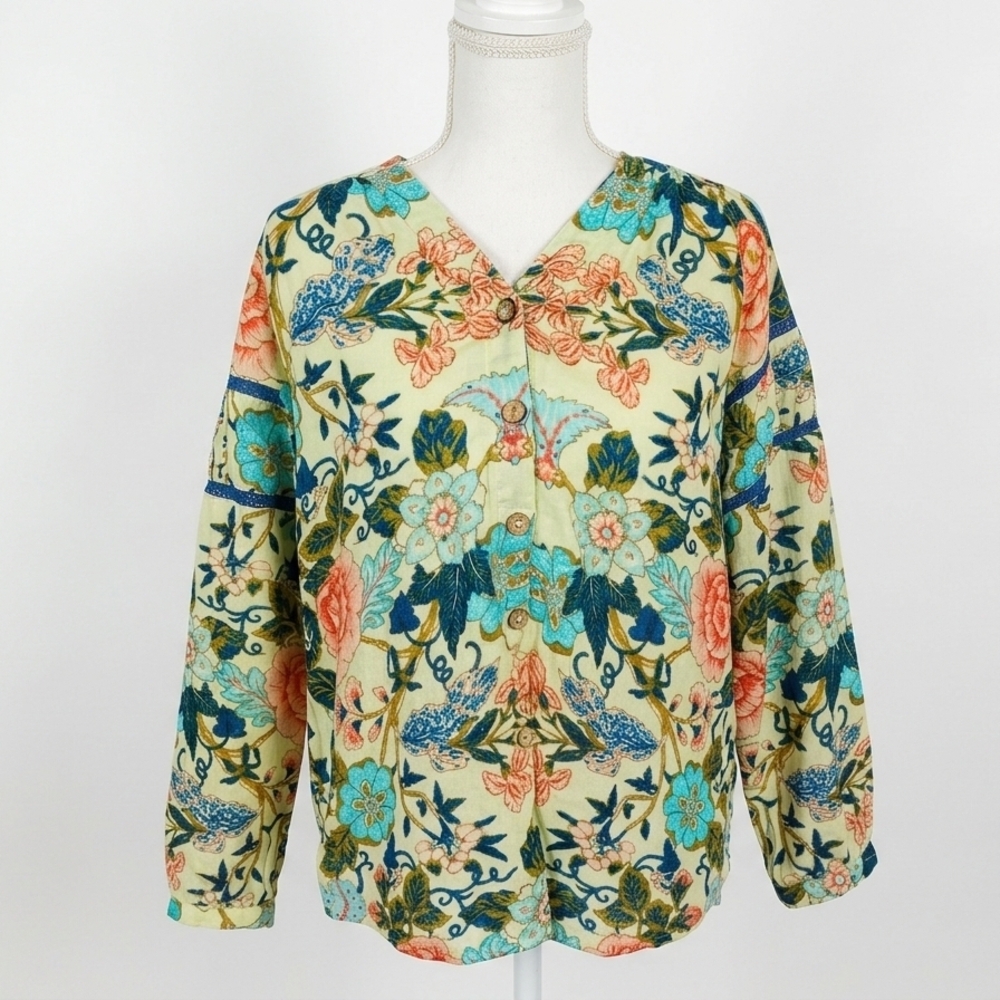 Soft Surroundings Pl Boho Floral Button-Front Blouse in Cream, Coral & Teal